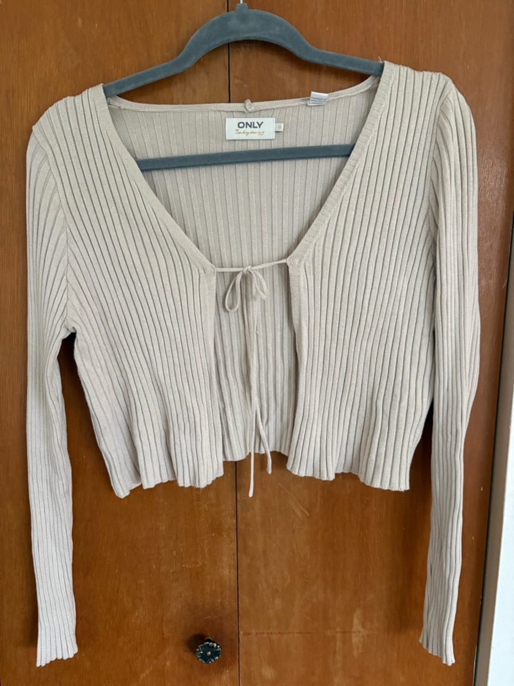 ONLY Beige Ribbed Tie-Front Cropped Cardigan